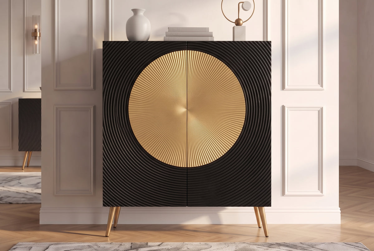 Highboard AURUM 120cm textured front gold circle accent mango wood black gold metal feet