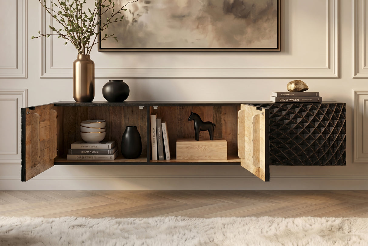 TV-Board ILLUSION 160cm 3D hängend Mangoholz schwarz gold