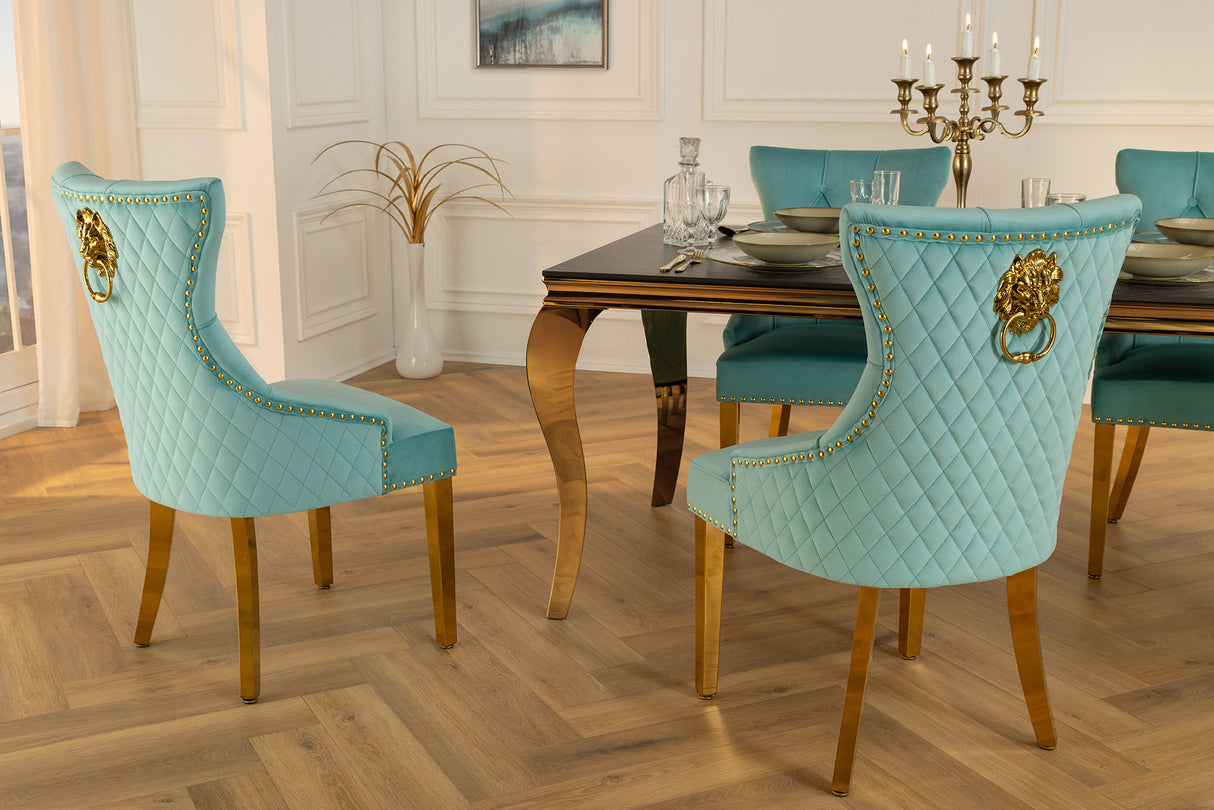 Chair CASTLE DELUXE w/ lion´s head handle velvet blue golden legs in baroque style