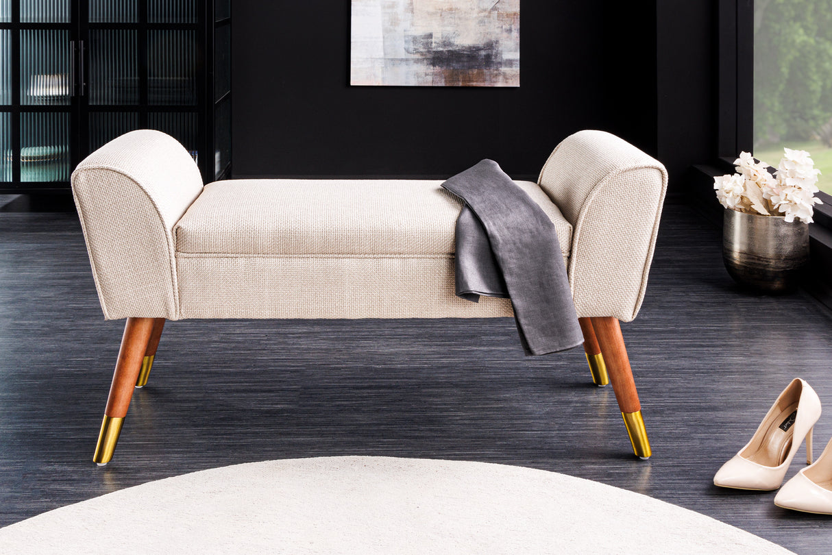 Bench SCARLETT 90cm textured fabric beige in retro style