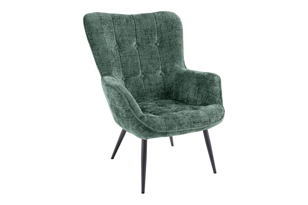 Armchair SCANDINAVIA w/ armrests and black metal legs chenille fabric green