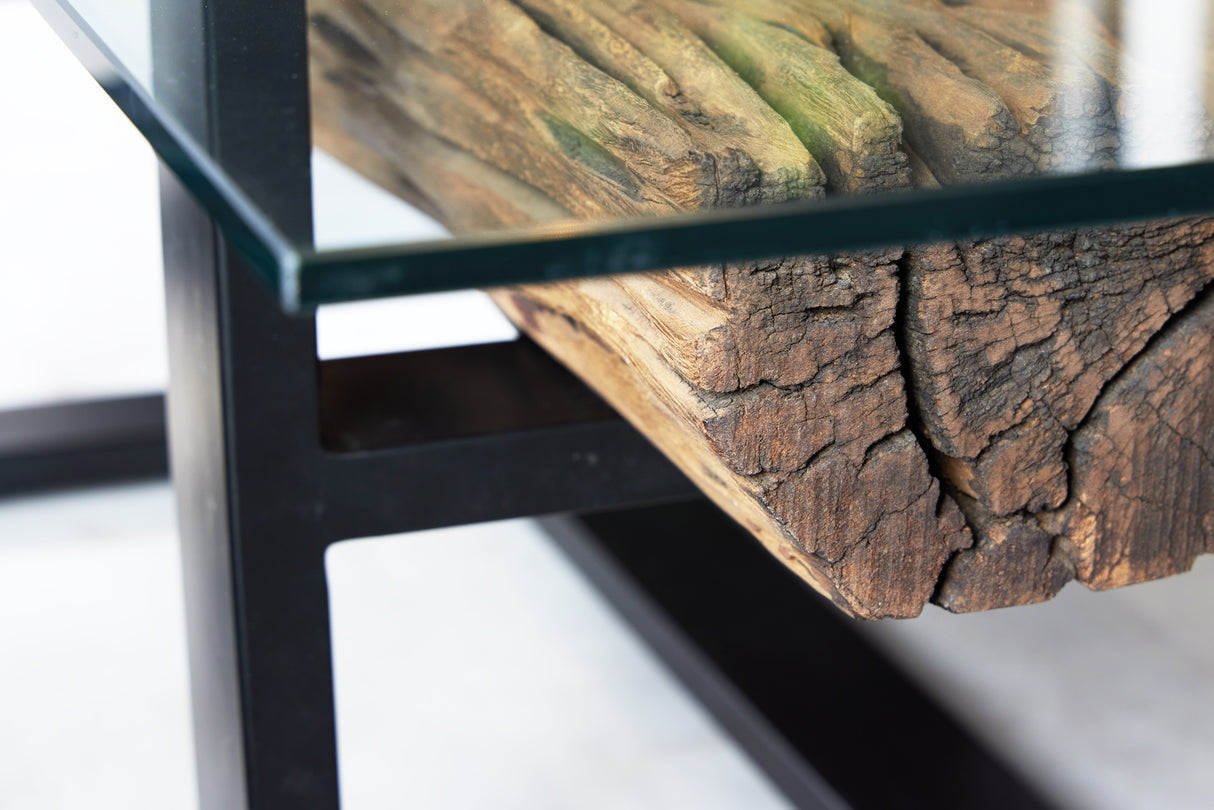 Couchtisch BARRACUDA 130cm recyceltes Teakholz mit gehärteter Glasplatte