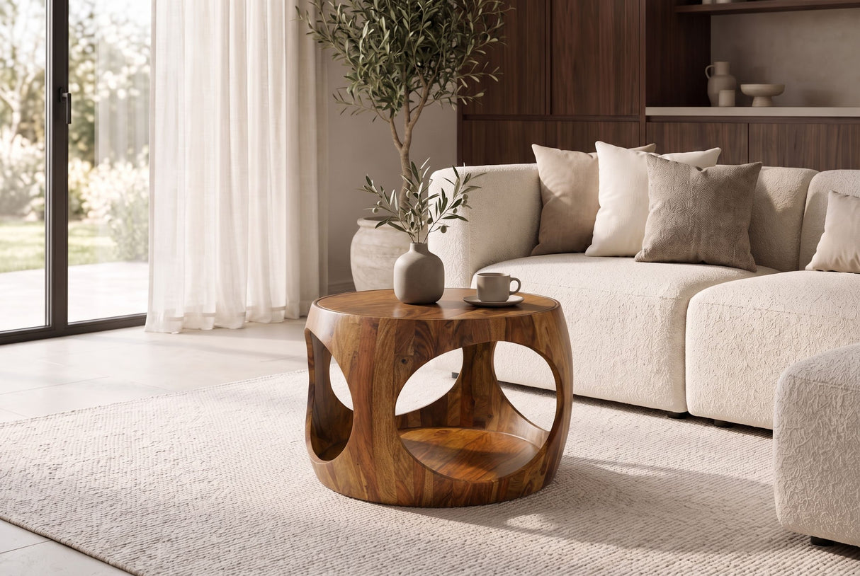 Couchtisch ORGANIC LOOP 60cm rund m. Ablage Sheeshamholz braun