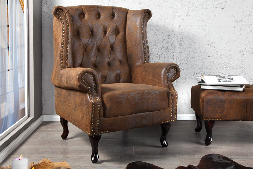 Wing chair CHESTERFIELD antique look brown