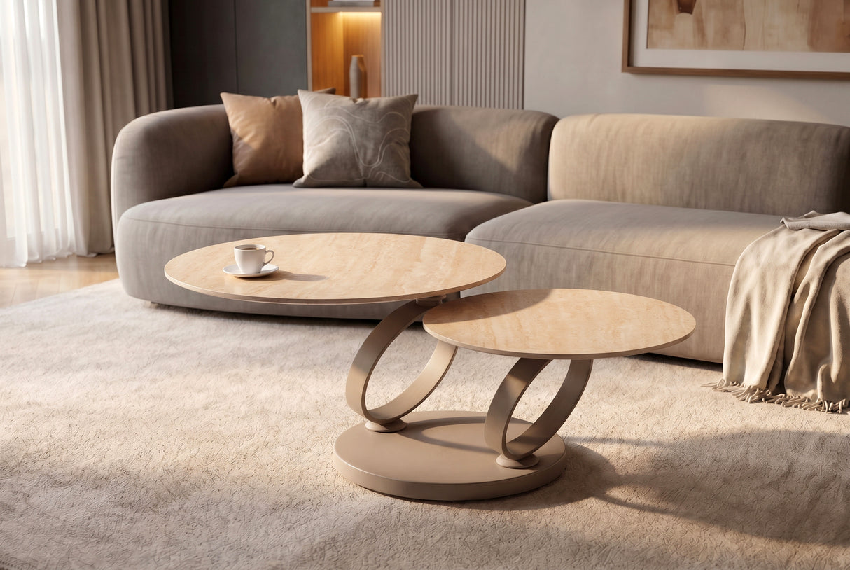 Coffee table DANCING RINGS round rotatable travertine ceramic champagne greige