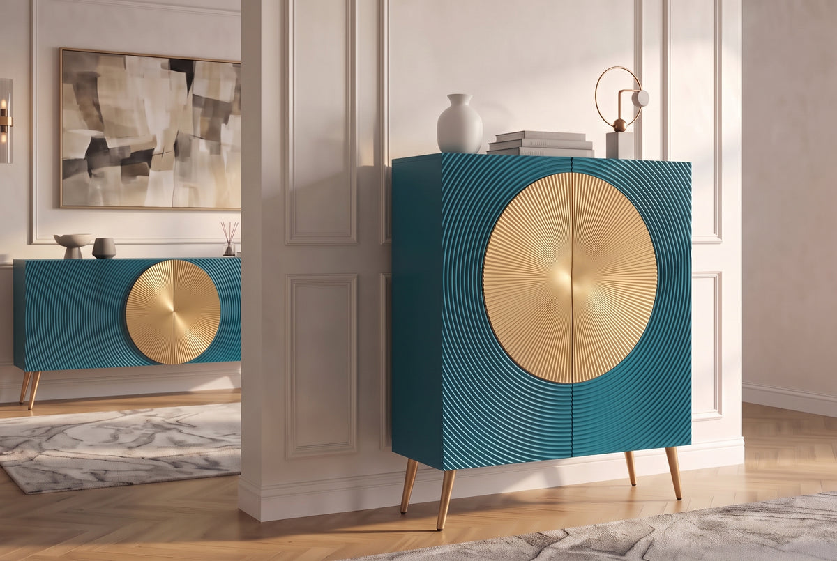 Highboard AURUM 120cm textured front gold circle accent mango wood turquoise gold metal feet
