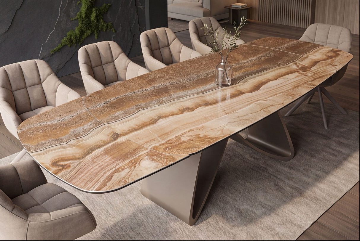 Dining table INFINITY 180-220-260cm boat-shaped extendable spanish onyx ceramic rust brown