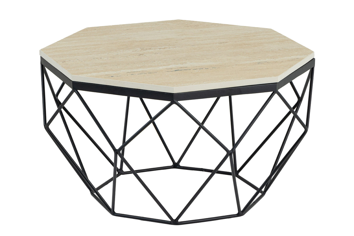Couchtisch DIAMOND 70cm Gestell Eisen schwarz Platte Travertin