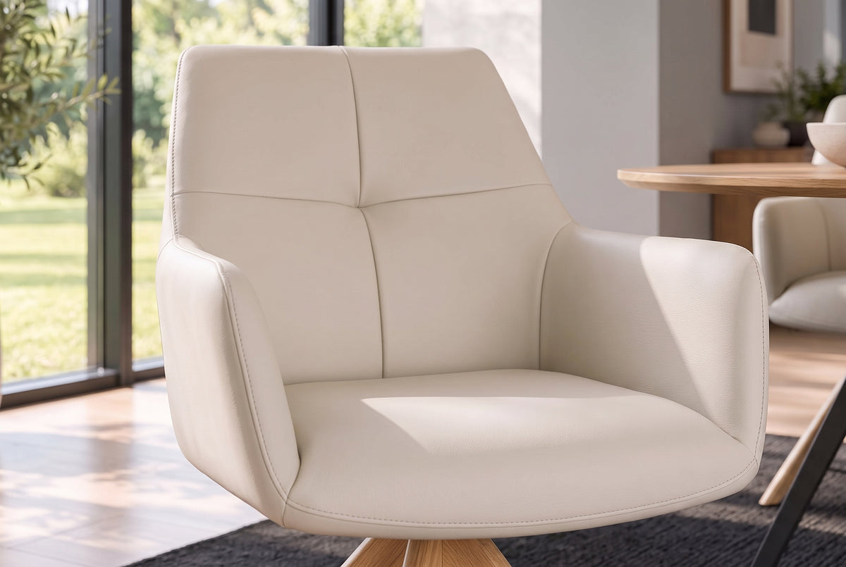 Swivel chair ALMARA 360° auto-return w/ armrests pocket spring core leather beige sand