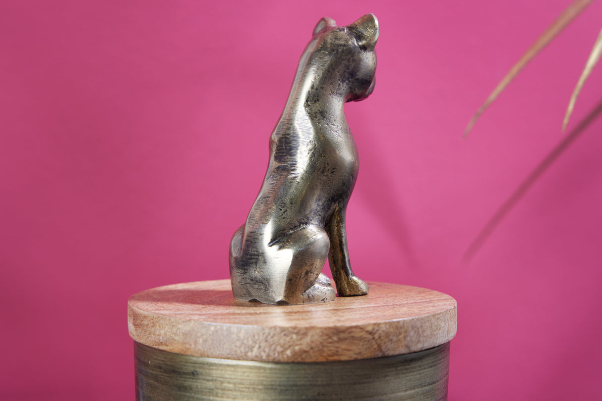 Skulptur Zinn PANTHER 20cm Eisen gold Mangoholz natur