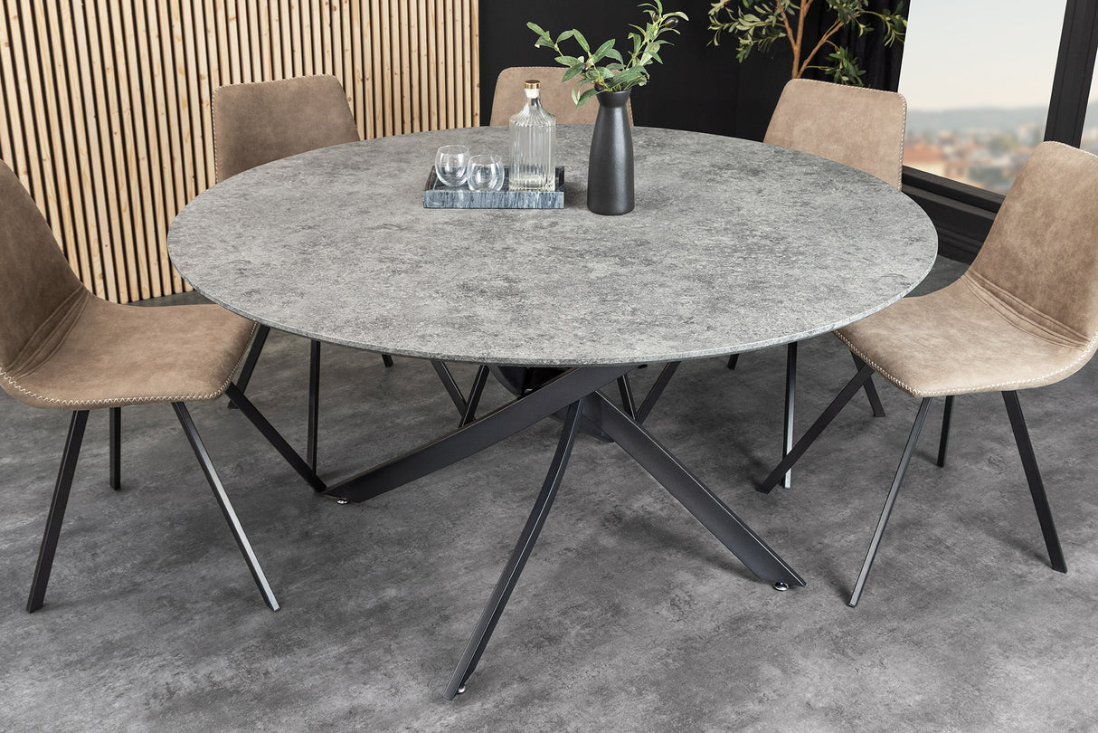 Dining table HELIX 120cm round grey stone look w/ black metal frame