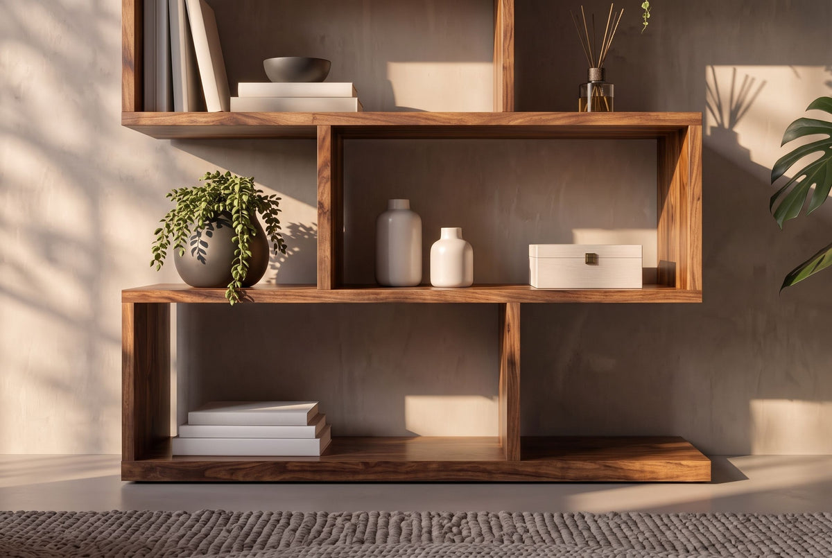 Shelf MAKASSAR XL 150cm asymmetrical open shelving sheesham wood brown stone finish