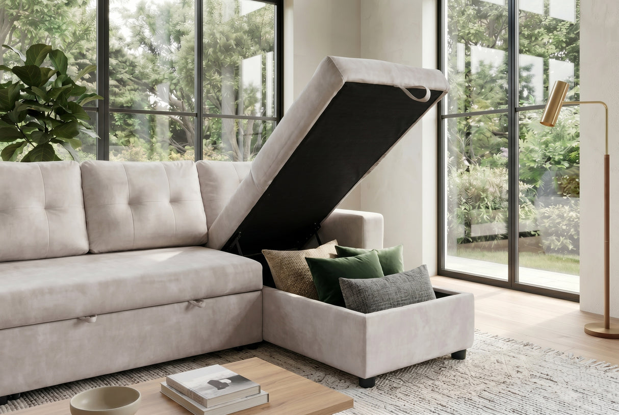 Corner sofa bed APARTMENT 205cm 3-seater w/ ottoman and storage space velvet champagne beige