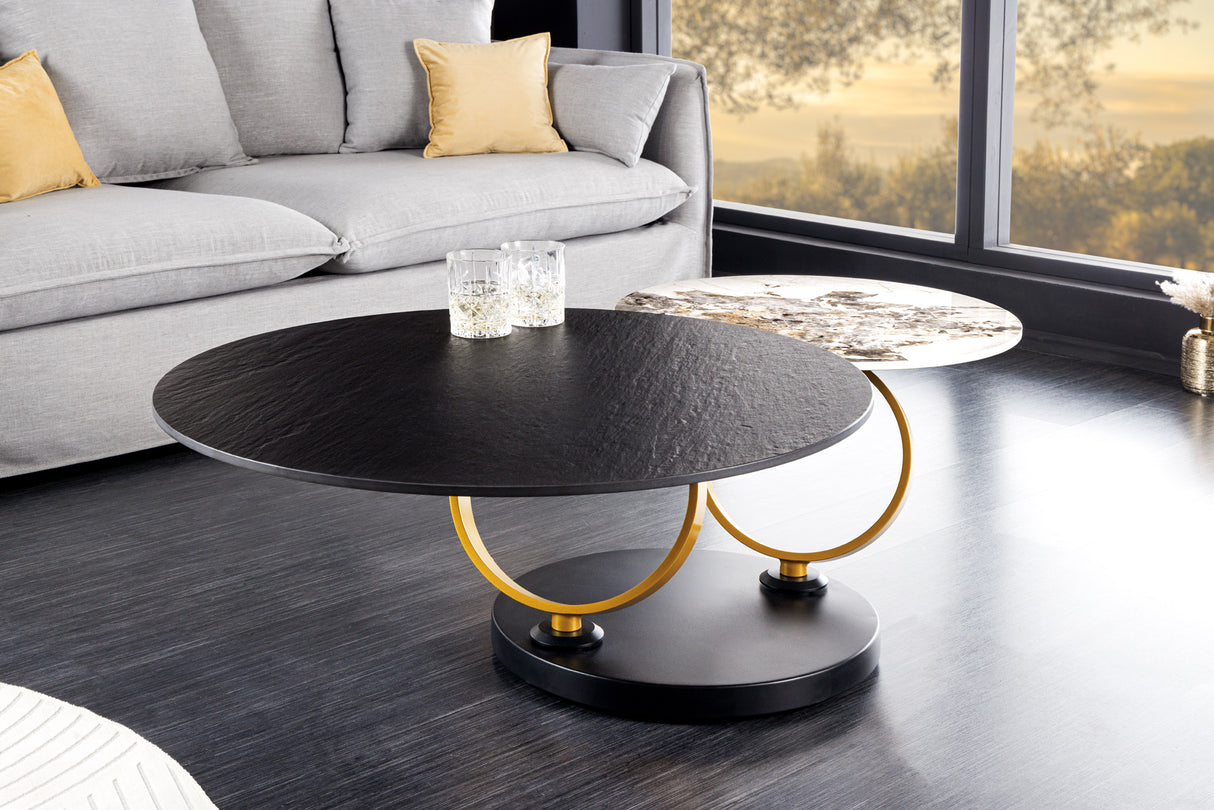 Coffee table DANCING RINGS 80-135cm rotatable ceramic black and natural stone look