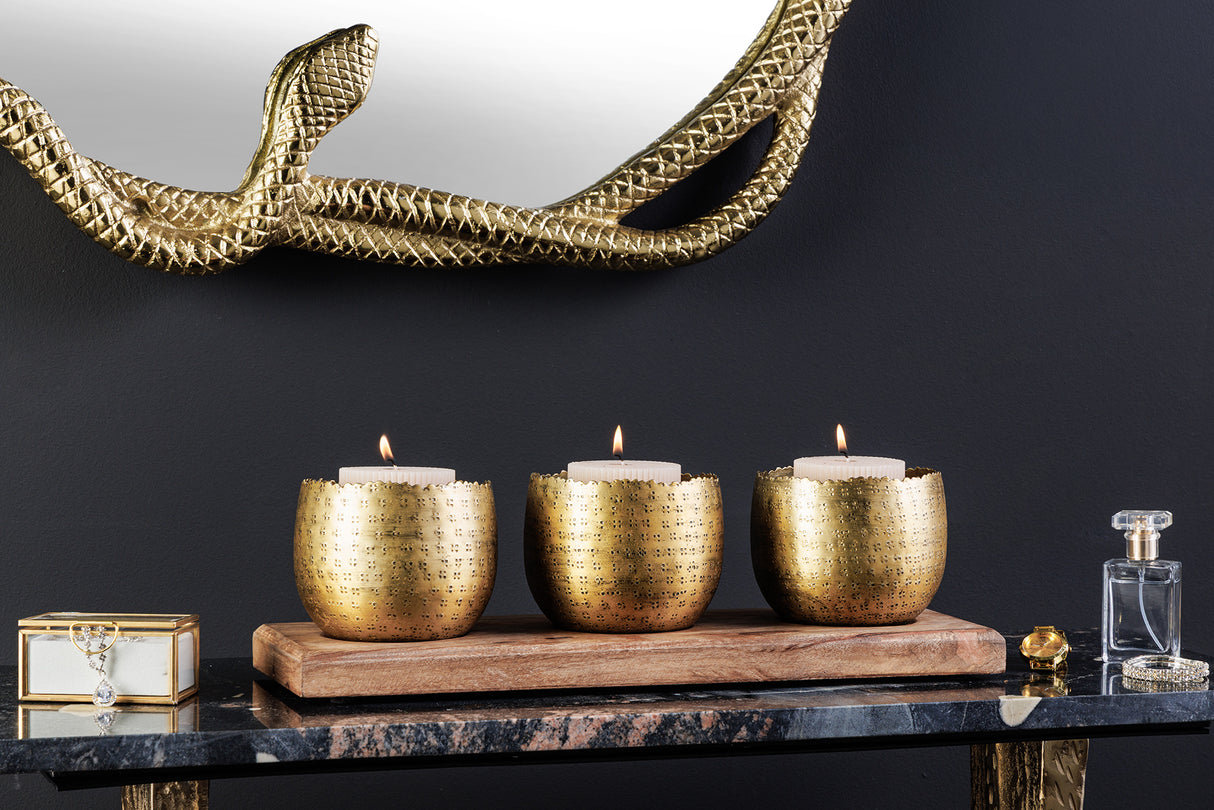 Schale ORIENT 3er Set Hammerschlag-Effekt gold natur Mangoholzsockel