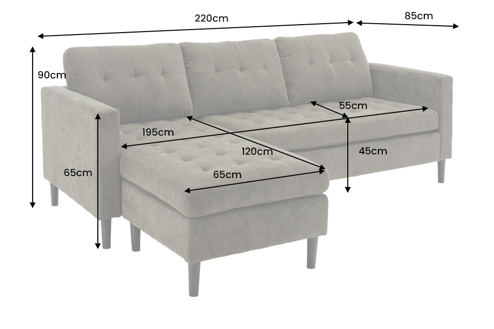 Ecksofa STOCKHOLM 220cm 3-Sitzer Cord grau