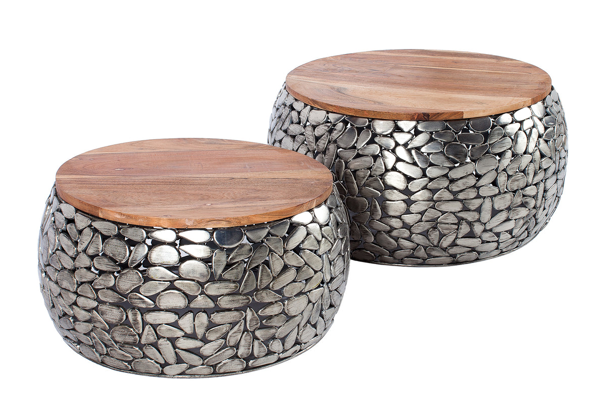 Couchtisch STONE MOSAIC 2er Set 54-66cm Mangoholz Platten silber