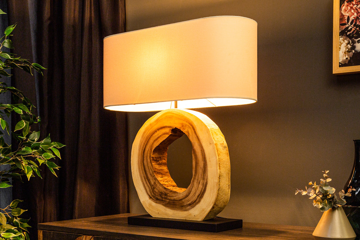 Table lamp ORGANIC ARTWORK 55cm massive walnut wood linen shade beige