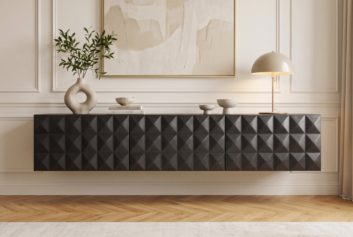 TV-Board VULCANO 160cm 3D hängend mit Kabelloch Mangoholz schwarz