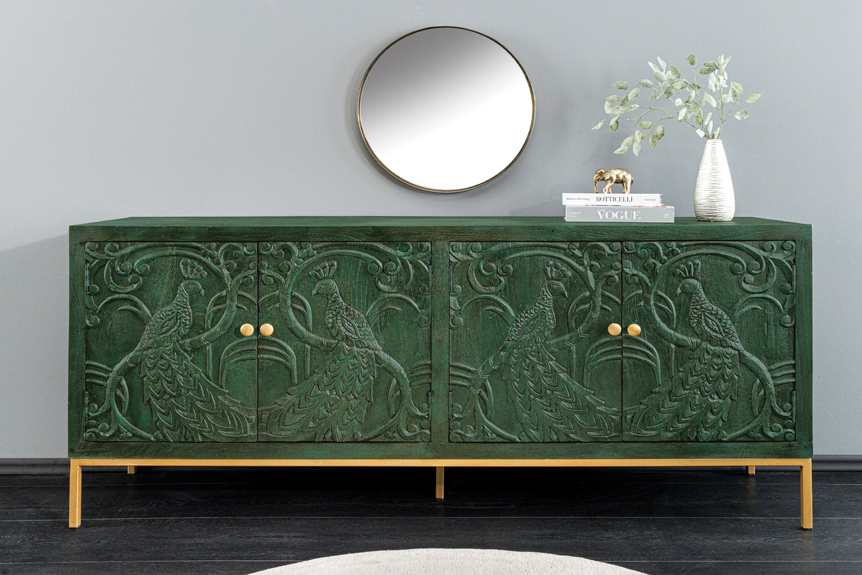 Sideboard PEACOCK 175cm 3D Mangoholz Antik-Look dunkelgrün gold handgefertigt