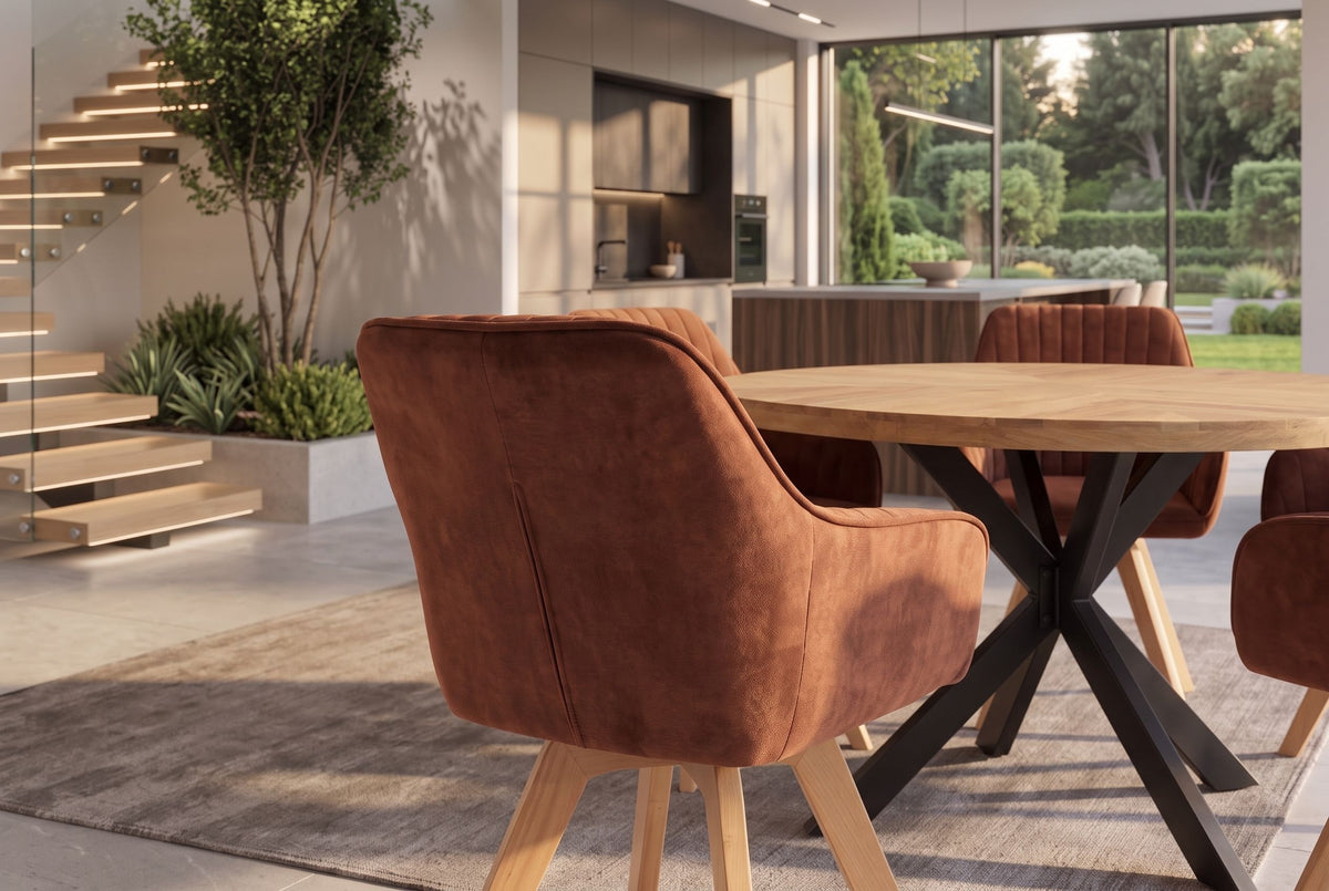 Swivel chair LIVORNO 180° auto-return w/ armrests velvet rust brown beech wood swivel base