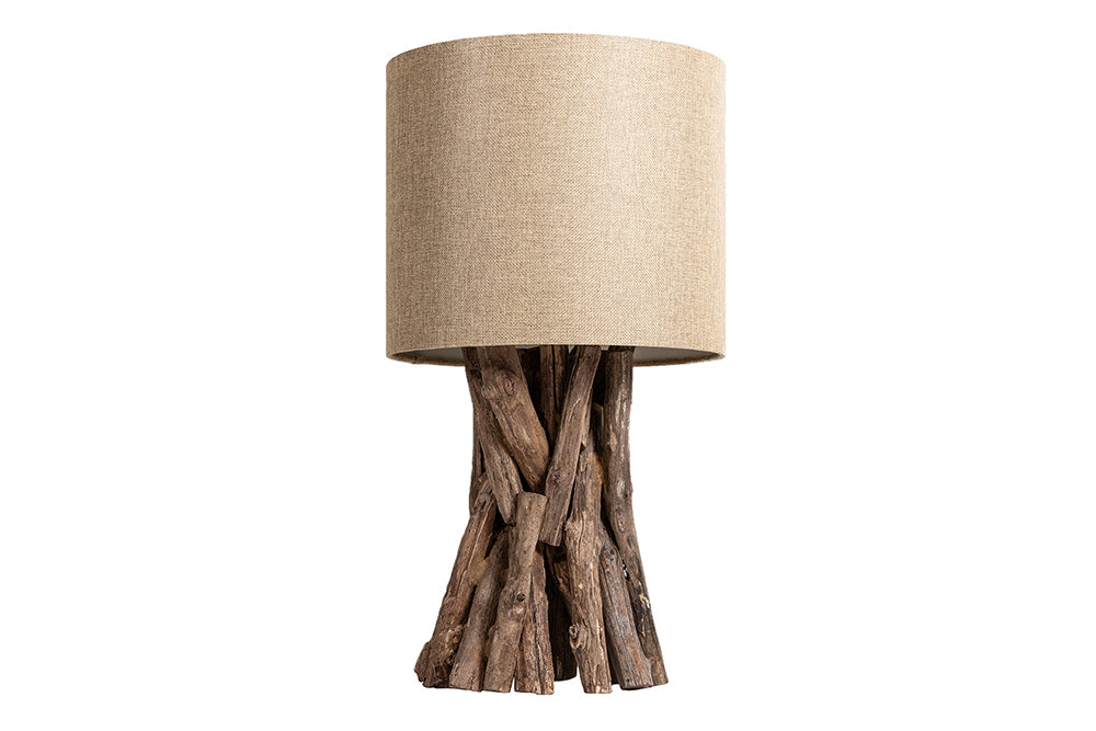 Tischleuchte HARMONY NATURE 50cm Teakholz Leinenschirm beige