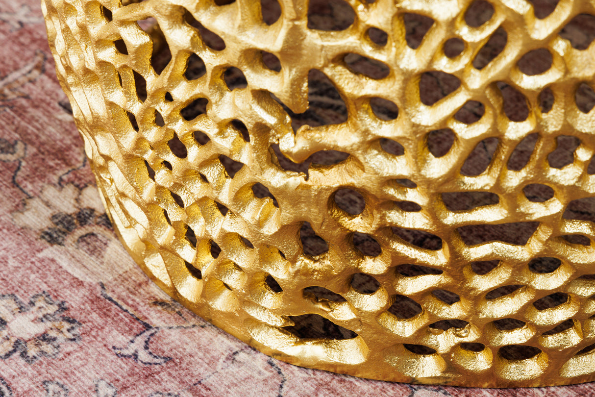 Coffee table LEAF 40cm set of 2 gold with acacia wood plate