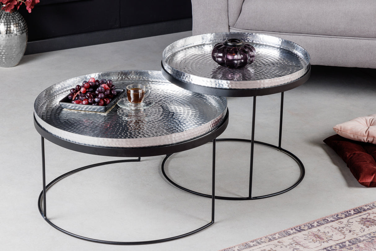 Coffee table ELEMENTS set of 2 removable trays hammer stroke effect silver
