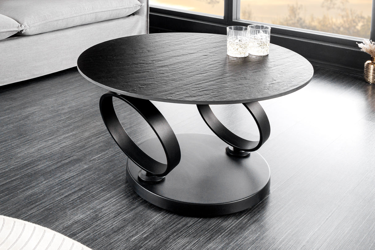 Couchtisch DANCING RINGS 80-135cm drehbar Keramik schwarz und grau
