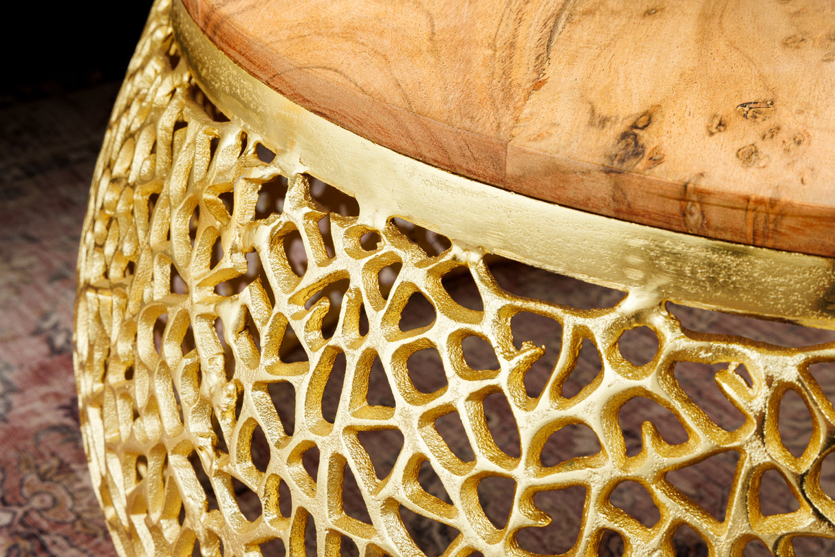 Coffee table LEAF 75cm gold with acacia wood plate