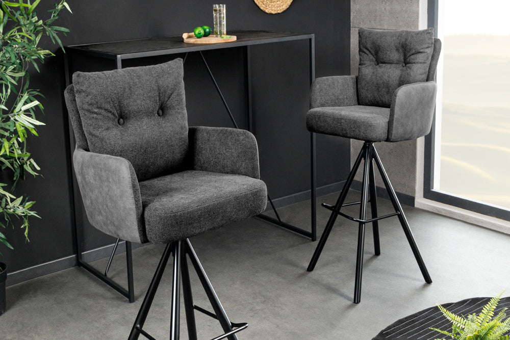 Bar stool BIG GEORGE w/ armrests flat woven fabric velvet anthracite rotatable