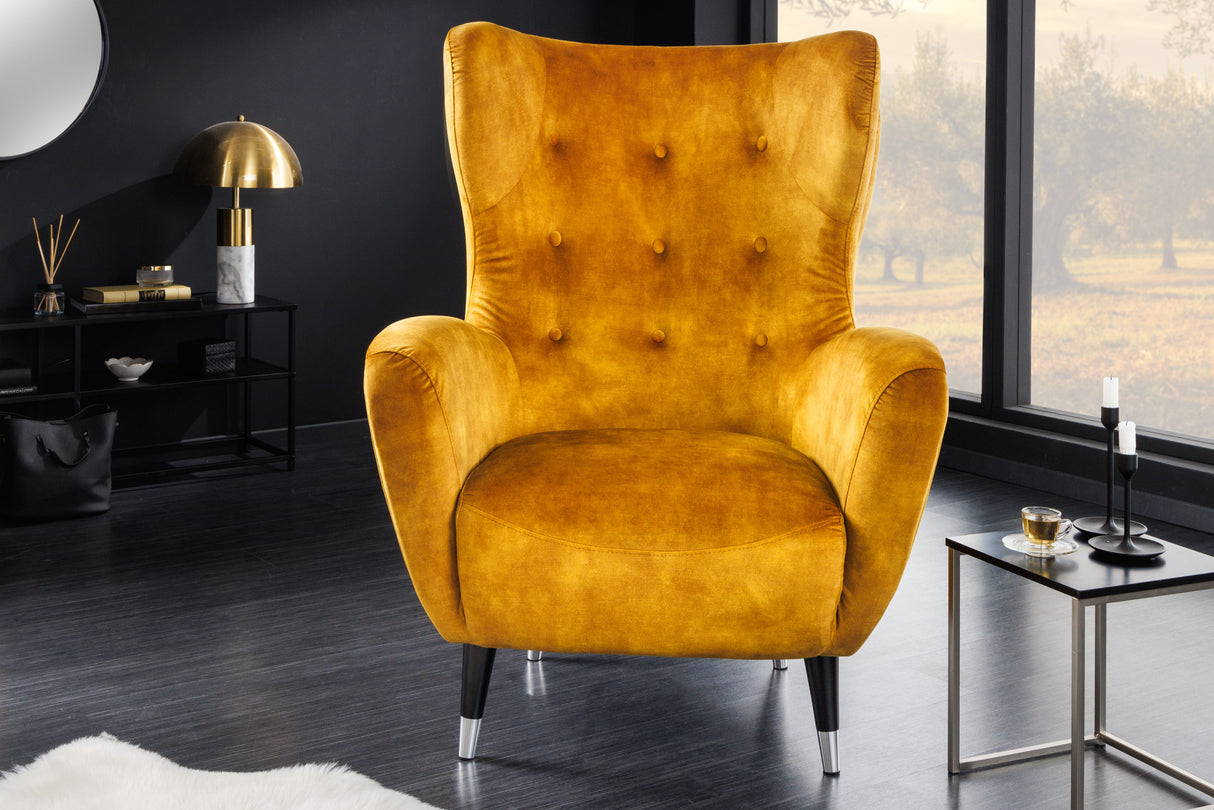 Ohrensessel DON mit silbernen Kappen Samt senfgelb
