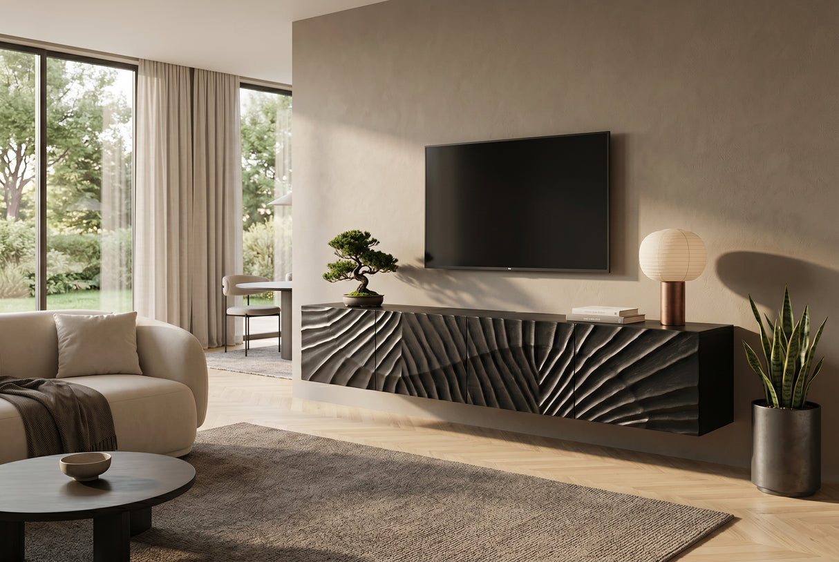 TV-Board SCORPION 200cm 3D hängend schwarz Mangoholz