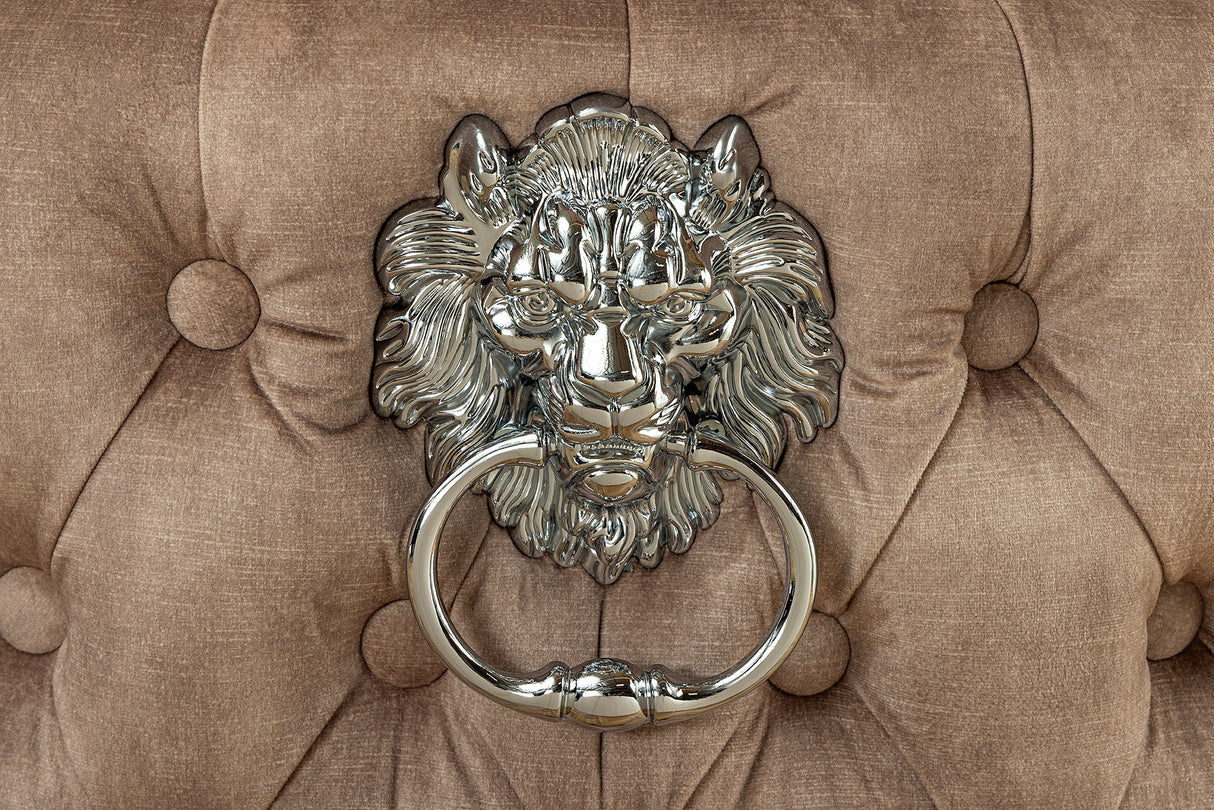 Chair CASTLE DELUXE w/ lion´s head handle velvet beige legs black in chesterfield style