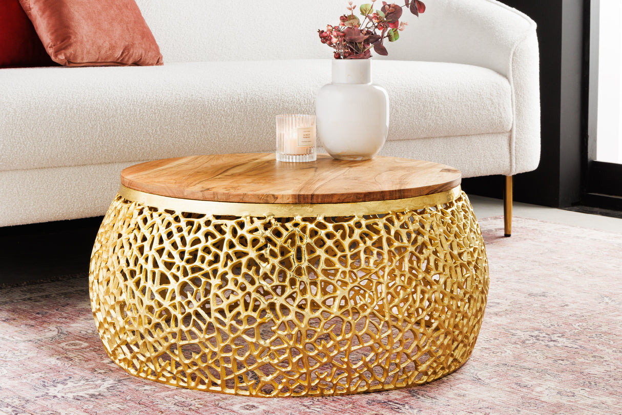 Coffee table LEAF 75cm gold with acacia wood plate