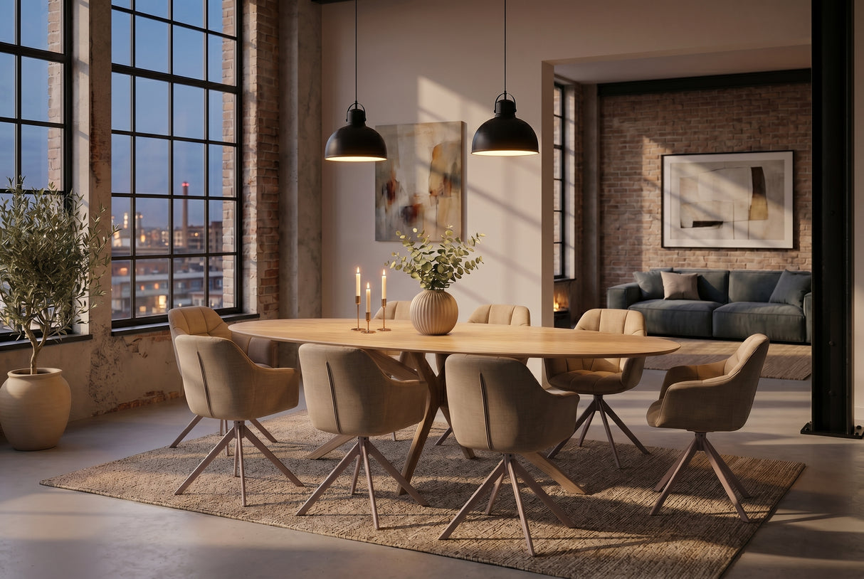 Dining table TRAVERTIN 220cm oval ceramic champagne greige