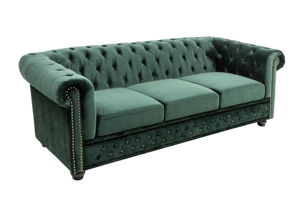 Sofa CHESTERFIELD 3-seater button tufted velvet emerald green w/ decorative stud trim