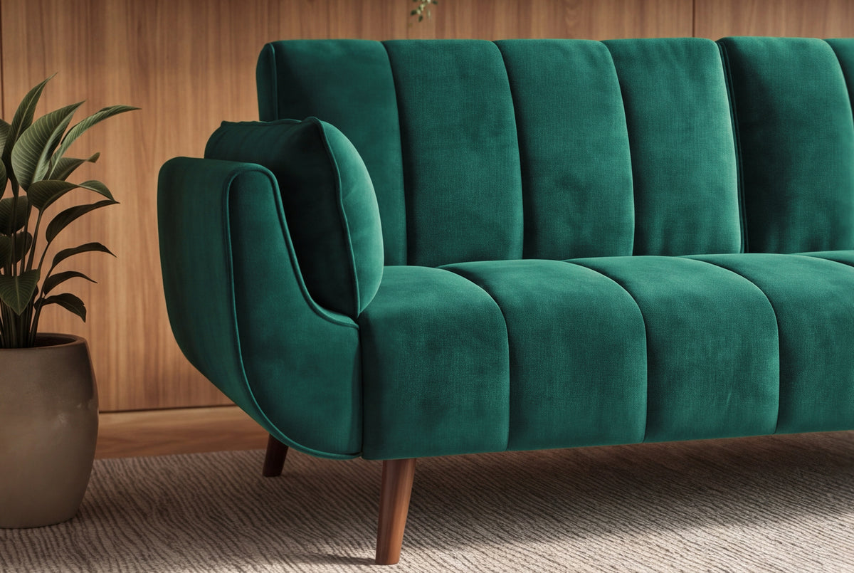 Sofa bed DIVANI 220cm 3-seater w/ armrest cushions velvet emerald green wood feet