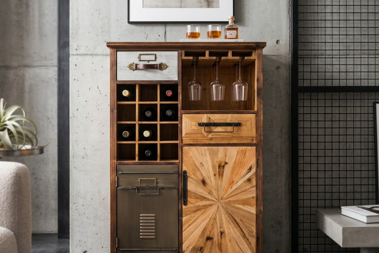 Bar cabinet ATELIER 120cm pine wood vintage brown