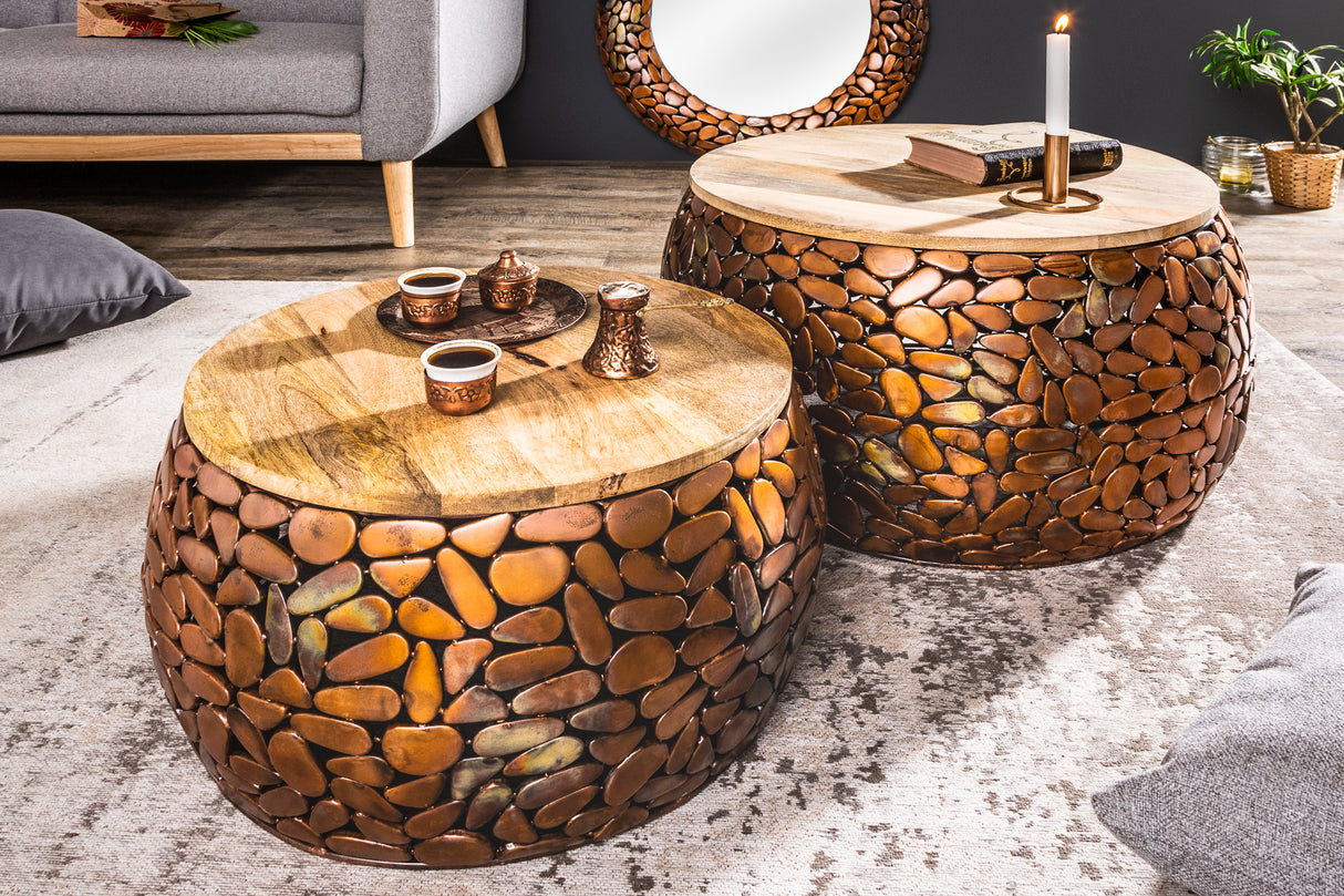 Couchtisch STONE MOSAIC 2er Set 54-66cm Mangoholz Platten kupfer