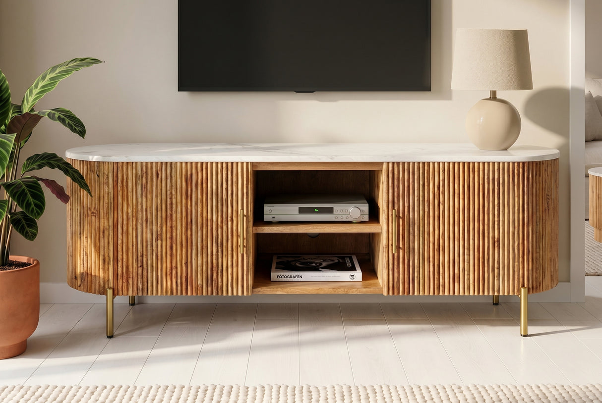 TV-Board TRES CHIC 140cm Mangoholz natur mit weißer Marmorplatte und goldenen Griffen