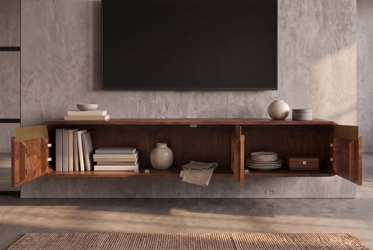 TV-Board MONZA 160cm w/ cable management hanging fluted front brown mango wood gold details