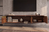 TV-Board MONZA 160cm w/ cable management hanging fluted front brown mango wood gold details