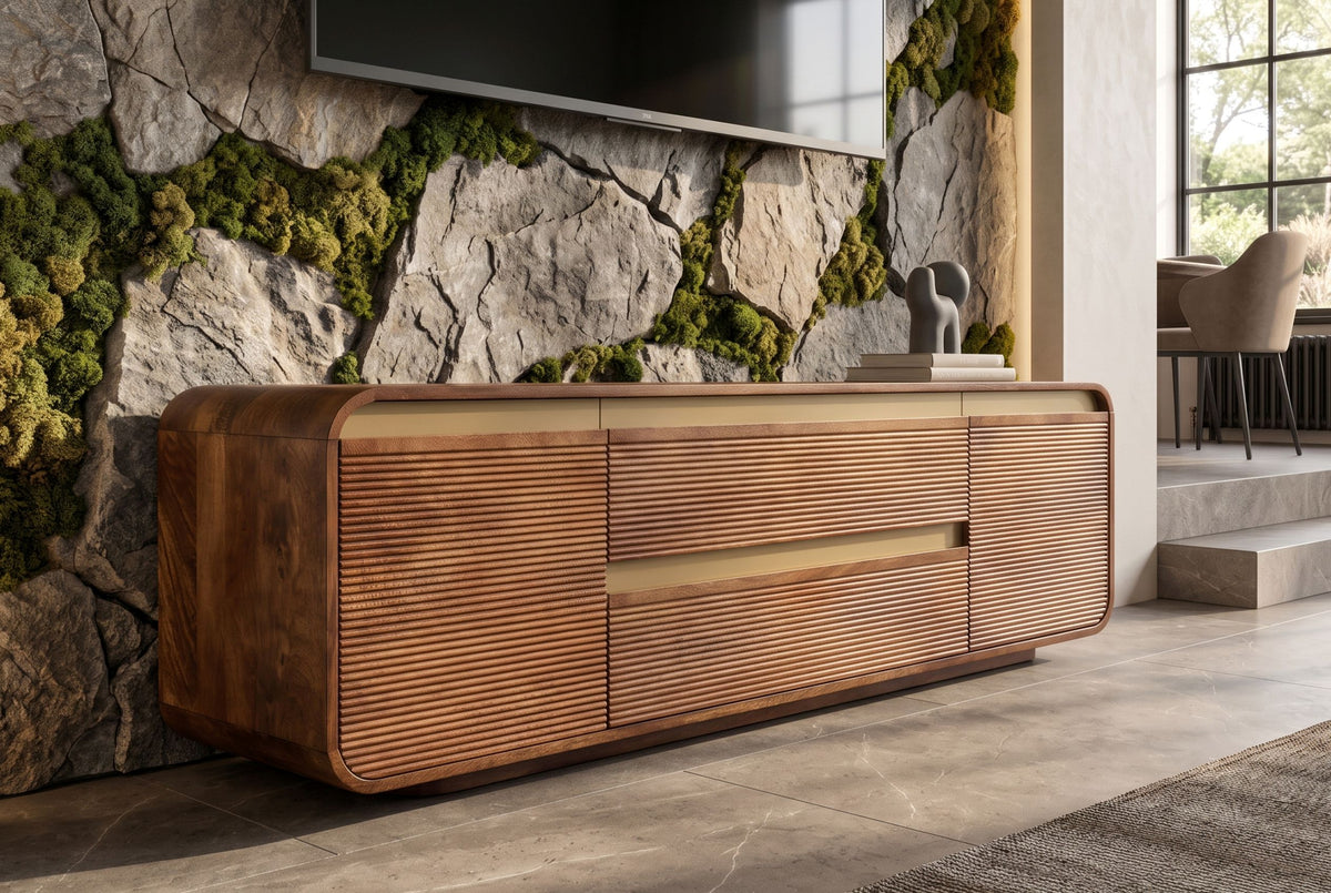 TV-Board MONZA 160cm w/ cable management fluted front rounded edges brown mango wood gold details