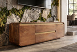 TV-Board MONZA 160cm w/ cable management fluted front rounded edges brown mango wood gold details