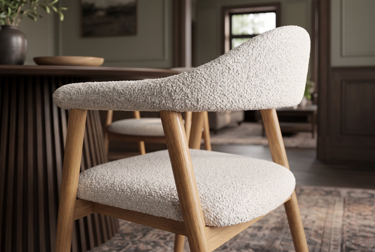 Chair VALHALLA WOOD w/ armrests textured fabric creamy and oak wood natural