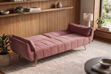 Schlafsofa DIVANI 220cm mit Armlehnenkissen Samt altrosa Metallfüße gold