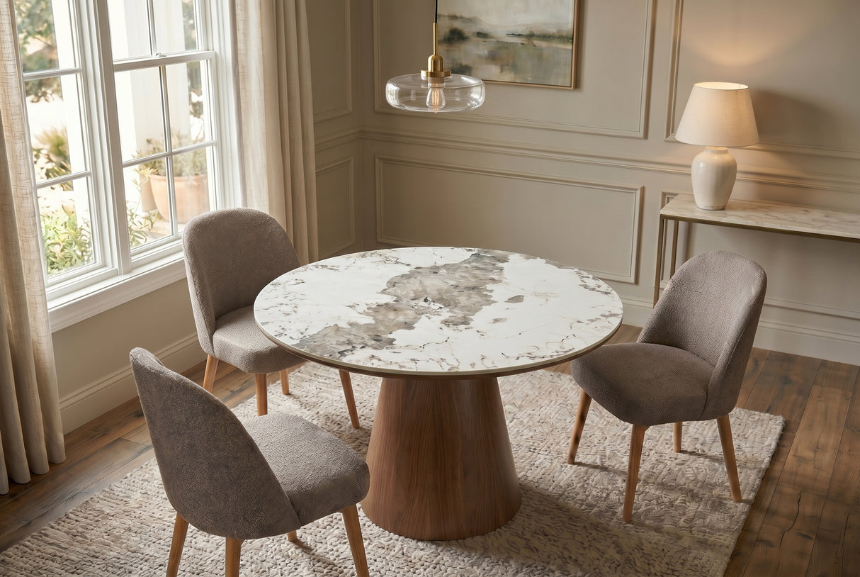 Dining table UNIQUE 120cm round oak wood verneered w/ pandora ceramic top white marble