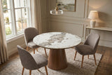 Dining table UNIQUE 120cm round oak wood verneered w/ pandora ceramic top white marble