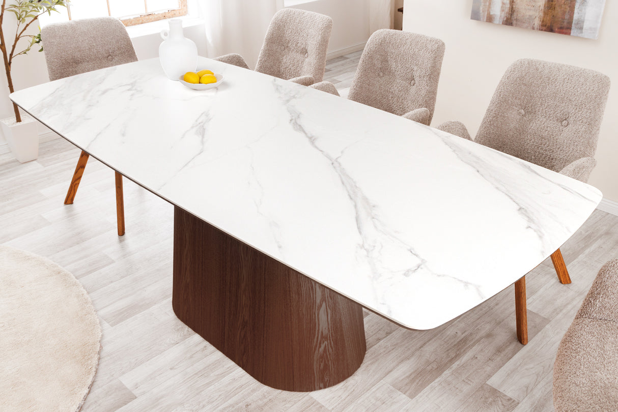 Dining table UNIQUE 200cm frame dark walnut wood veneered ceramic white marble top